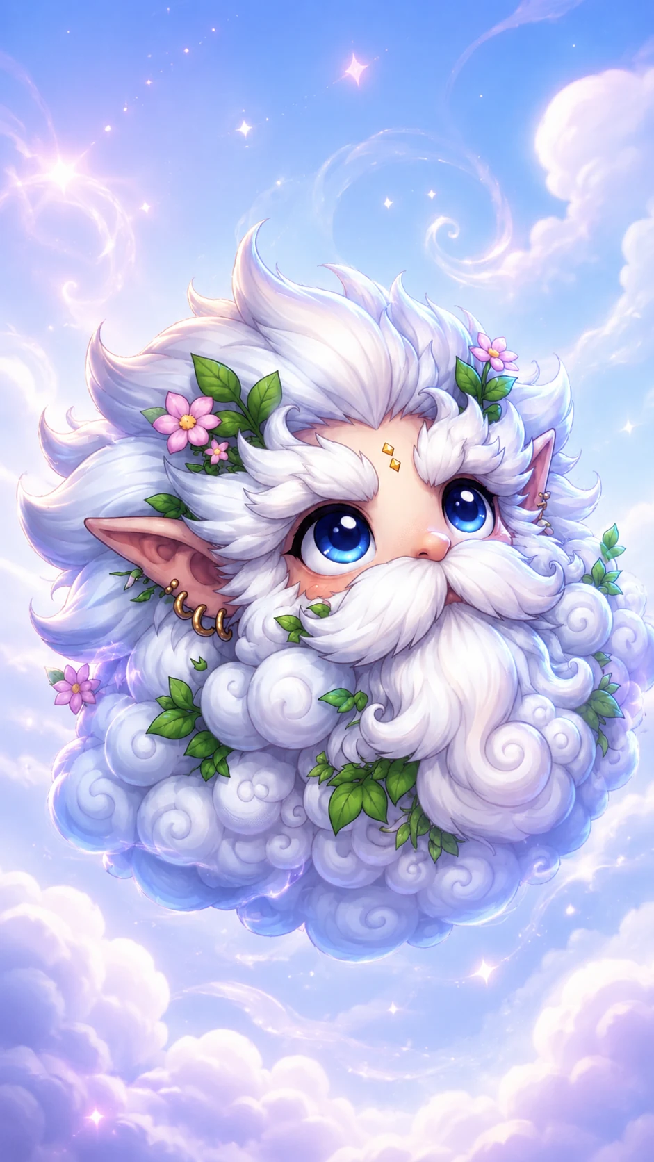 A blue-eyed Lintel with swirling cloud fur, flowers and pointed ears