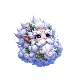 A fluffy Lintel with blue eyes, curled white cloud fur, pointed ears and little flowers.