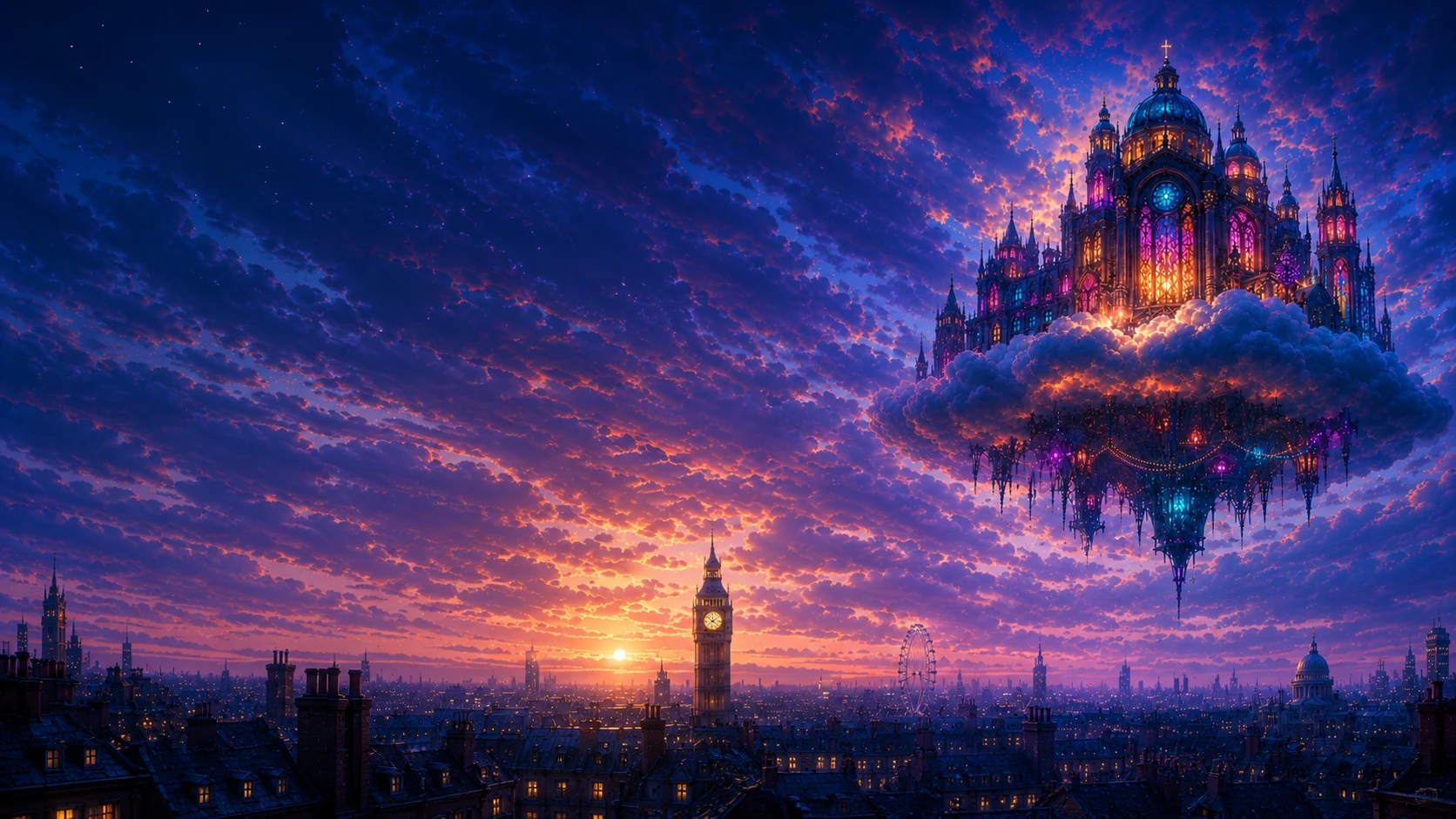 The Sanctuary in the Sky floats on luminous clouds above London at sunset