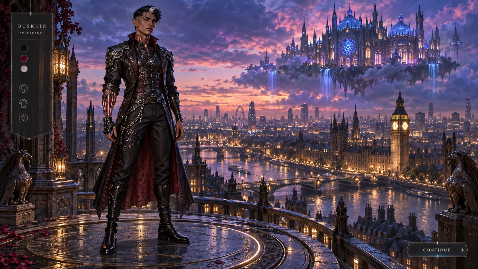 Duskkin character-creator concept: a full-length, pointed-eared avatar with a cybernetic arm and black-and-red outfit, beside minimal appearance controls, overlooking London and the floating Sanctuary at sunset.