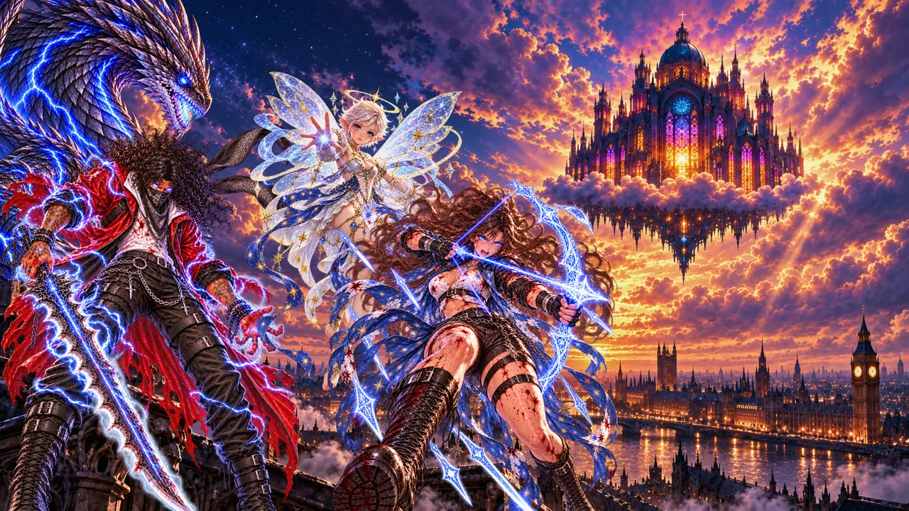 Goaden grips a greatsword wreathed in silver flames before the dragon Kai as Ashai draws a glowing starlight bow with Greah beside her, the Sanctuary floating over London at sunset.